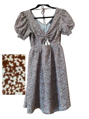 Crystal Doll Brown Floral Cutout Tie Front Puff Sleeve Mini Dress Size M